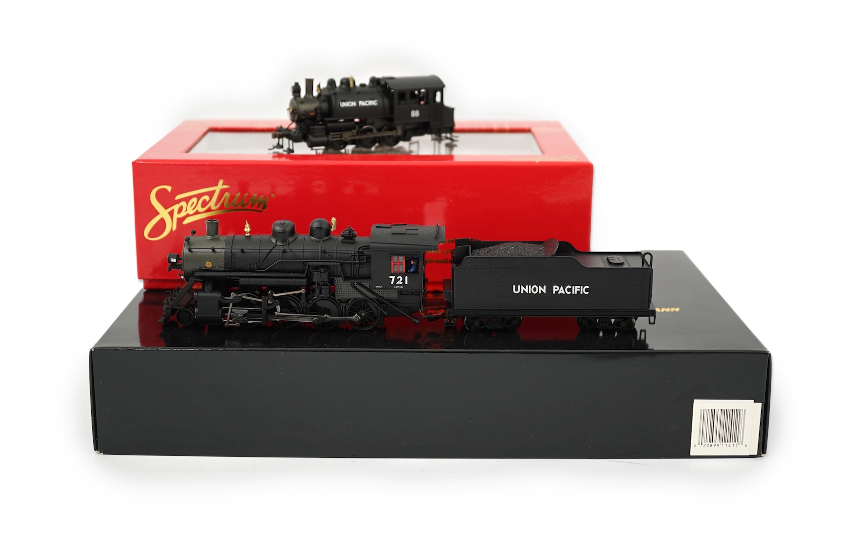 Two boxed HO gauge Spectrum by Bachmann Union Pacific locomotives; (11411) model of Baldwin Consolidation, 721, locomotive with bogie tender, together with (81813) model of 88, 0-6-0ST locomotive, powered for two rail op